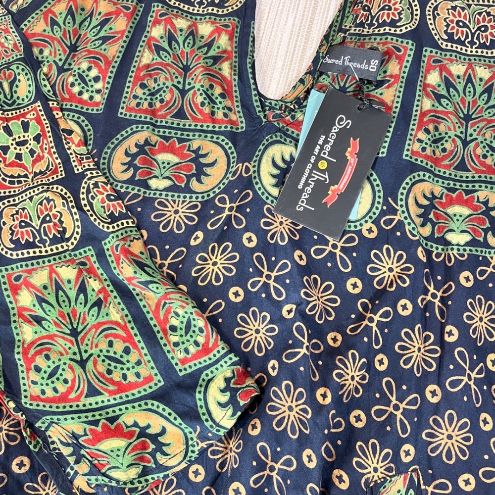 Sacred Threads Womens Boho Block Handkerchief‎ Hem Rayon Tunic Top Navy OS NWT
